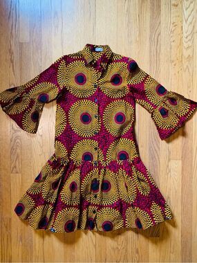GRASS FIELDS Ankara African Print Dress Size 6 Red Orange Black Flounce Sleeves